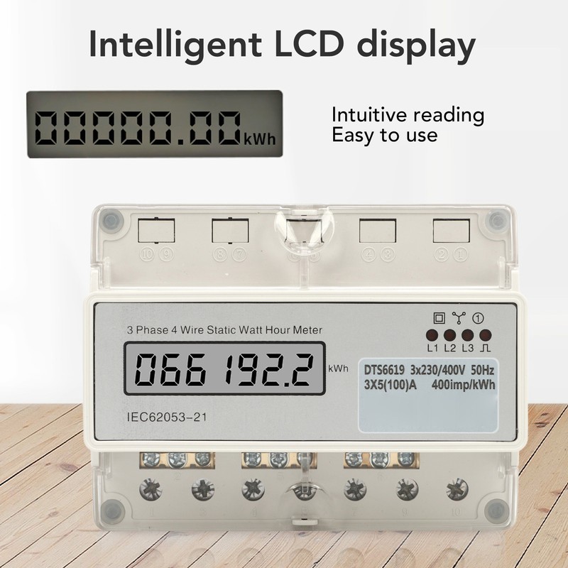 Electric 3 Phase 4 Wire Energy Meter Guide Rail LCD