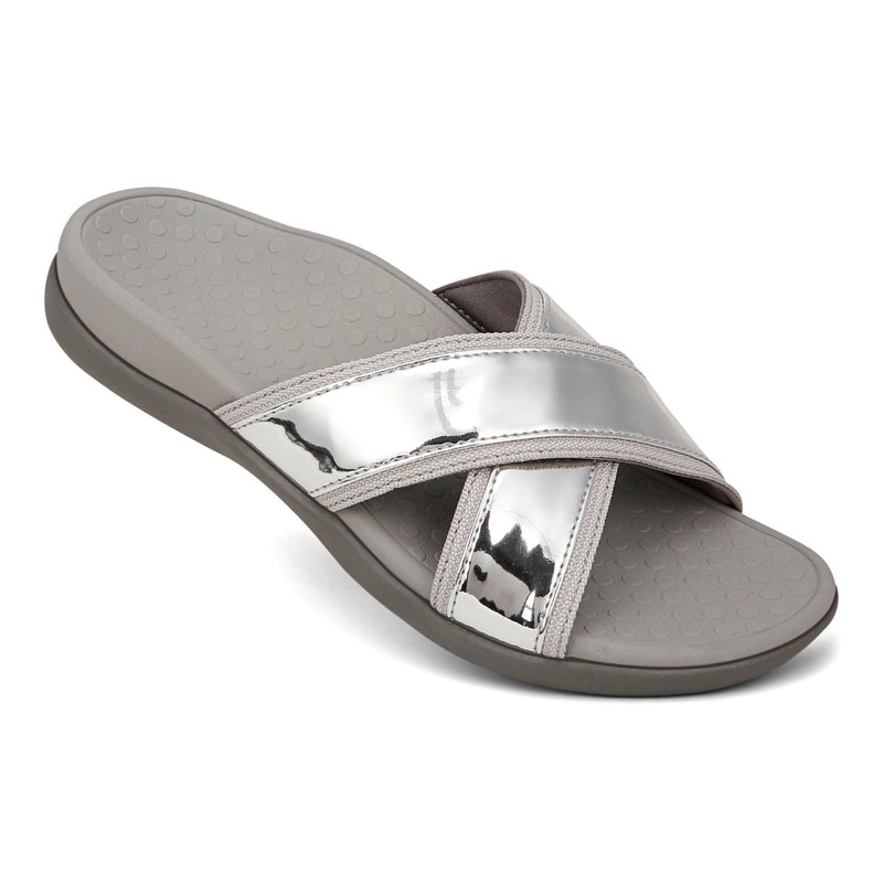 Vionic Merced Womens Cross Strap Slide Orthotic Sanda Silver -