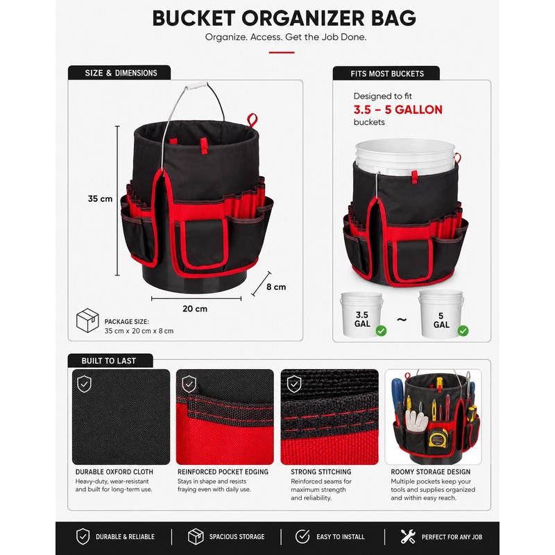 Bucket Tool Organizer for 3.5–5 Gallon Buckets – Heavy-Duty Multi-Pocket