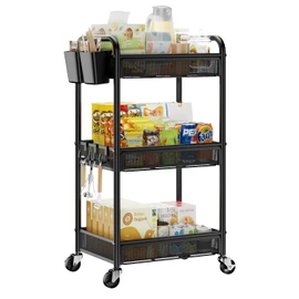YASONIC 3 Tier Rolling Cart – Metal Utility Storage Cart with Wheels, Craft Organizer with Hanging Cups, Hooks, Heavy Duty Mesh Basket for Bedside Kitchen Office Art, Black