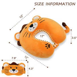 MissSoul Reisekissen, Kinder-Reisekissen mit Schlaf-Augenmaske, weiches Memory-Schaum-Nackenkissen für Kinder, Jungen & Mädchen, Teenager, Reisezubehör für Flugzeug – Löwe-Nackenkissen