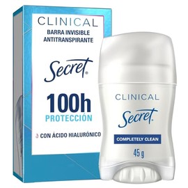 SECRET, Desodorante Mujer Clinical con Ácido Hialurónico, Barra Invisible, Completely Clean, 45 GR