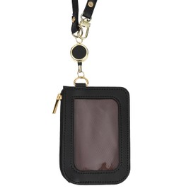 izuruhi Pass Case with Reel Included, Women's, Zippered, PU Leather, For Work or School, Kids, IC Card Compatible, Elastic Reel with Strap, Black