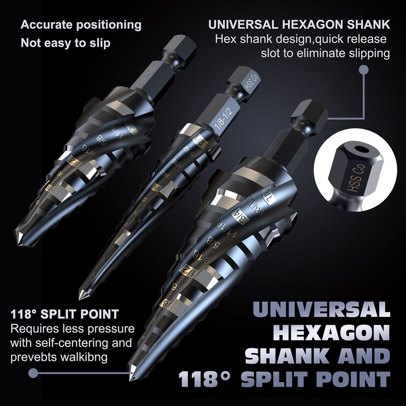M35 Cobalt HSS Step Drill Bits, Four Spiral Flute Cobalt
