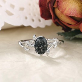 IRROYA Bridal Wedding Engagement Ring for Women Natural Black Rutilated Quartz 925 Sterling Silver Platinum Plated Art Deco Gemstone Promise Ring for Her Size 4