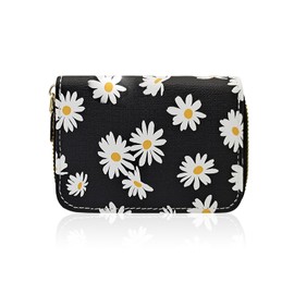 AfitLulu Credit Card Holder for Women, RFID-Blocking Card Holder Wallet with Zipper 11Slots Daisy Womens Card Organizer (Black)