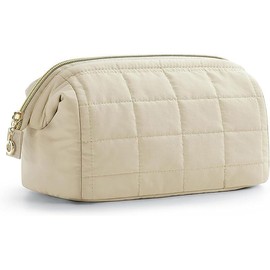 Bolsa de Maquillaje de Viaje, Algodón Acolchado, Neceser Grande para Mujer, Ligero y Resistente para Cosméticos, Viajes y Uso Diario (Beige)