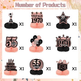55th Birthday Decorations Centerpieces Women - 9 Pcs Rose Gold Table Decor Honeycomb Centerpieces for Vintage Cheers to 55 Years Old Anniversary Retirement Party Supplies