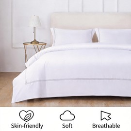 AORISSI 100% Cotton Duvet Cover Set Soft Comfortable with Embroidery Design 3 Pcs Sateen Weave Home Bedding Set (White&Grey, Queen)
