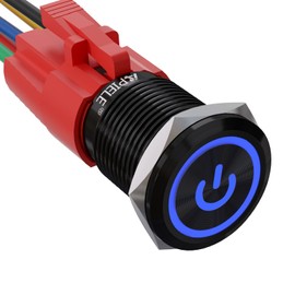 APIELE 16mm Latching Push Button Switch 0.63" 12V Power Symbol Ring Led Car Metal with Socket Plug 1NO1NC SPDT ON/Off (Blue/Black Shell)