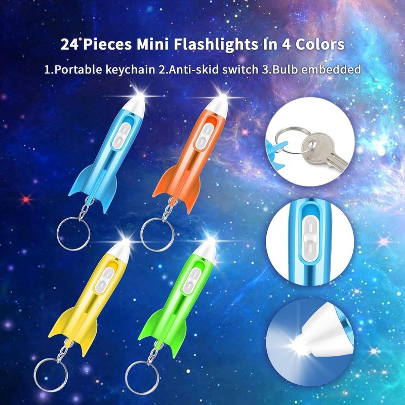 24 Pcs Helicopter Mini Rocket Flashlight Keychain Outer Space Party