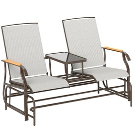 Outsunny 2 Person Outdoor Glider Bench, Patio Swing Glider Chair Loveseat with Breathable Mesh, Table, Steel Frame for Garden, Backyard, Porch, Cream White