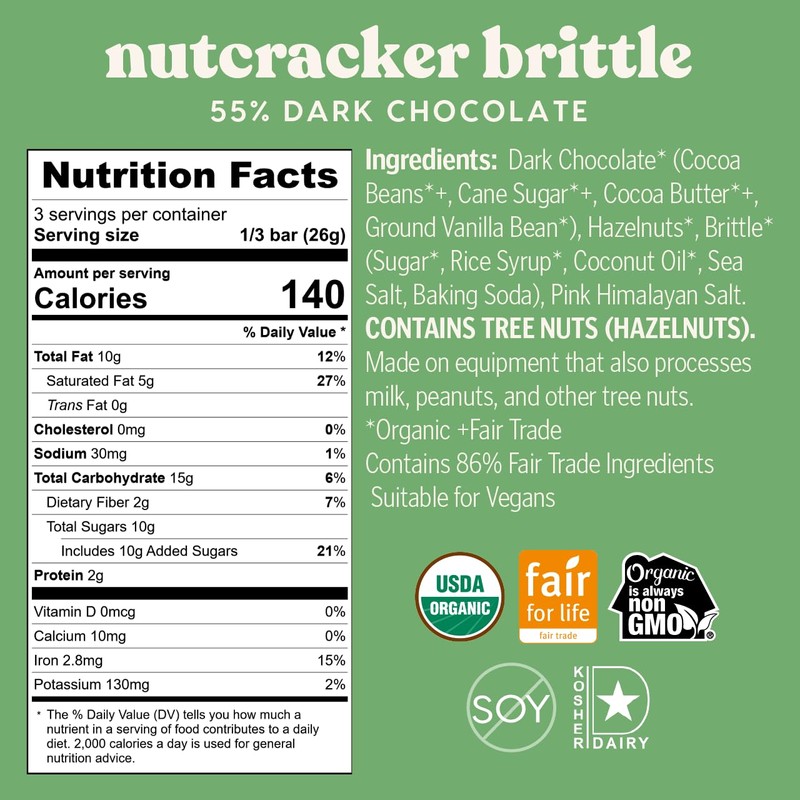 THEO Chocolate Holiday Nutcracker Brittle Organic Dark Chocolate Bar, 55%