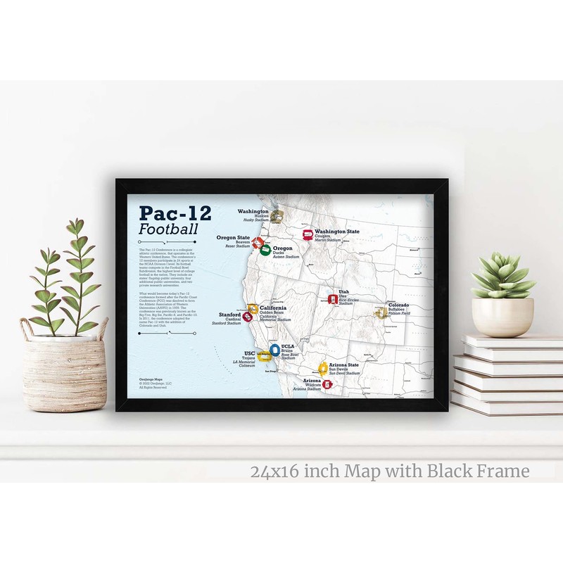 Framed College Football Stadium Map - Features Pac 12 Teams