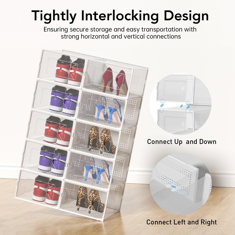 X-Large Shoe Storage Box, 15 Pack Clear Plastic Stackable Shoe