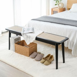 Towood Lifee Entryway Bench, Solid Wood Kitchen Dining Bench, Mid Century Modern End of Bed Bench with Rattan Woven Top for Bedroom, Dining Room, Entry Way, 39.4" L x 11.2" W x 17.7" H, Black