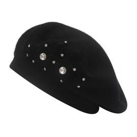 ZLYC Womens French Beret hat, Reversible Solid Color Cashmere Mosaic Warm Beret Cap for Girls(Embroidered Flowers Black)