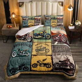 Feelyou Motorcycle Bedding Set Kids Retro Motorcycles Comforter for Boys Girls Teens Vintage Old School Comforter Set Extreme Sports Quilt Room Decor Bedspread Twin Size Boys