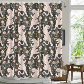MEHOFOND Retro Tiger Shower Curtain Black Floral Plant Shower Curtain for Bathroom Vintage Tiger Flower Shower Curtain Modern Art Bathtub Decor Fabric Waterproof Bath Curtain with 12 Hooks 72x72 Inch