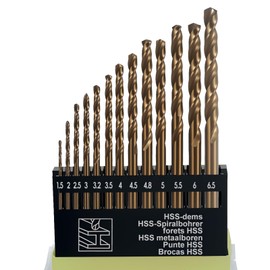 13Pcs HSS Spiralbohrer Set, Metrisch M35 Kobaltstahl Titanbeschichtet Bohrer 1,5 mm 6,5 mm Extrem Hitzebeständig Bohrer mit geradem Schaft für Holz Metall und Kunststoff (Messingfarben)
