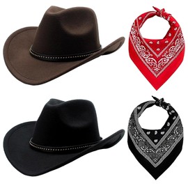 PGonline Felt Cowboy Hats Western Set Black & Brown Cowboy Hats with Red and Black Bandanas, Texas Texan Costume Accessories for Men, Women, Adults, Wild West Costume Party, 4