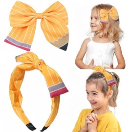 HIFANMM Back to School Headbands Hair Bow for Girls, Pencil Bows Clips Hair Accessories, Students Teachers Outfits Non Slip Hair Band for Girls First Day of School Supplies (Yellow, 1 Count)