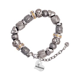 Delight Jewelry Silvertone Small Bridesmaid Heart Silver Tone Christian Bead Bracelet, 7"+2"