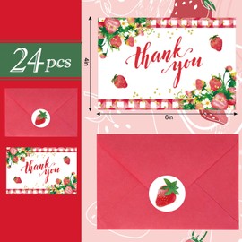 Whaline 24 Pack Strawberry Thank You Cards Summer Strawberry Plaid Greeting Cards with Envelopes Stickers Blank Note Cards for Wedding Baby Shower Birthday, 4 x 6 Inch