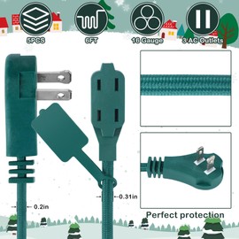Tellegloww 5 Pcs Christmas 3 Outlet Extension Cord Outdoor Braided Flat Plug Extension Wire Prong 6 ft with Low Profile Plug 3 Prong Extension Cord for Xmas Light Holiday Decoration(Green)