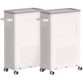 HAIXIN HOME Slim Laundry Hamper with Lid, 50L Plastic Tall Laundry Basket with Wheels, Compact Size for Narrow Space, Rolling Laundry Cart with Handle for Easy Transport to Laundry Room (2 Pack)