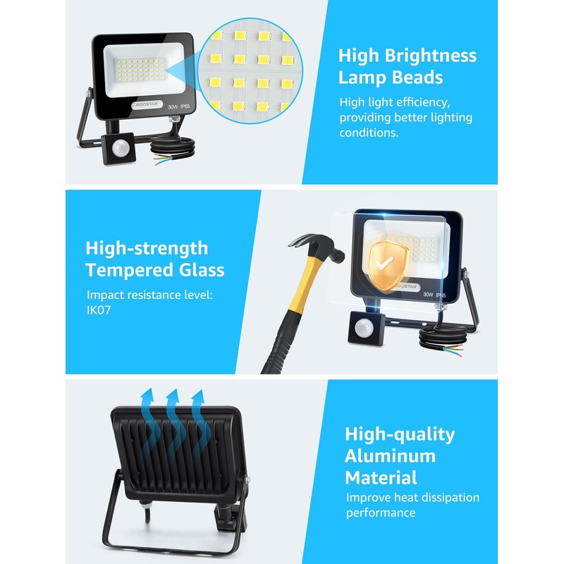 Aigostar PIR Outdoor Sensor Light, 30W Motion Sensor Flood Lights,