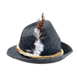 Essence of Europe Gifts Felt Fedora German Gray Hat with Brown Rope & Feather Size Large | OktoberfestHaus