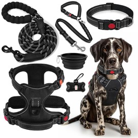 LOBEVE No Pull Dog Harness, Collar & Leash Set | Includes Dog Seat Belt, Collapsible Bowls & Poop Bag Dispenser. Ideal for Training, Walking, Hiking. Fits Small to Large Dogs(Black-M)