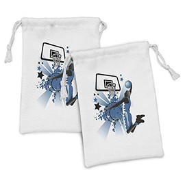 Ambesonne Teen Room Fabric Pouch Set of 2, Silhouette of Basketball Player Jumping Success Stars Illustration, Small Drawstring Bag for Toiletries Masks and Favors, 9" x 6", Black and Violet Blue