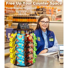 Chip Rack Display Stand, 2025 New 5 Tier 40 Clips Snack Organizer with Rotating Wooden Base, Chip Holder Candy Display for Countertop, Concession Stand, Party, Retail, Office Snack Display Rack, Brown