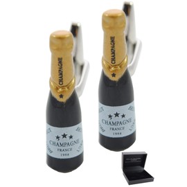Cufflinks for Men Black - with Box - Champagne Bottle - Solid Brass Metal - Celebration Bubbly Magnum Special Occasion - Black and Gold Colours - One Pair