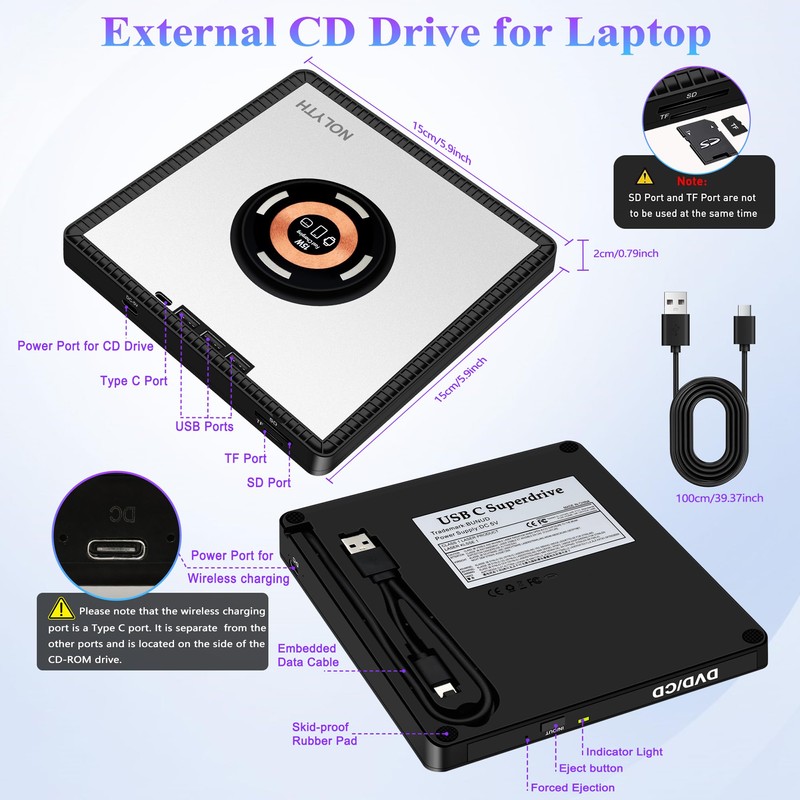 NOLYTH External CD Drive for Laptop: with 15W Wireless Charger