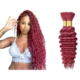 Burgundy Human Braiding Hair 18 Inch 100 g 2 Bundle Deep Water Wave Bulk Human Hair for Braiding Curly Human Hair for Boho Braids Wet and Wavy Human Hair Extensions No Weft Micro Braiding Hair