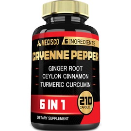 210 Capsules - 6in1 Cayenne Pepper Powder Capsules with Organic Turmeric Curcumin Root, Black Pepper, and More - Support Digestion System, Circulation Health, Immunity Function, and Joint Health