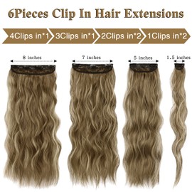 WECAN Clip in Hair Extension 20 Inch 6PCS Light Brown Mix Golden Blonde Long Wavy Curly Hairpieces for Women Natural Thick Synthetic Fiber Double Weft Hair Full Head