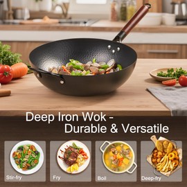 Wrought Iron Flat Bottom Wok with Glass Lid – Detachable Wooden Handle, Non-Coated Naturally Nonstick Frying Pan for Gas, Electric & Induction Stoves (Black Wok with Helper Handle, 13.4 inch)
