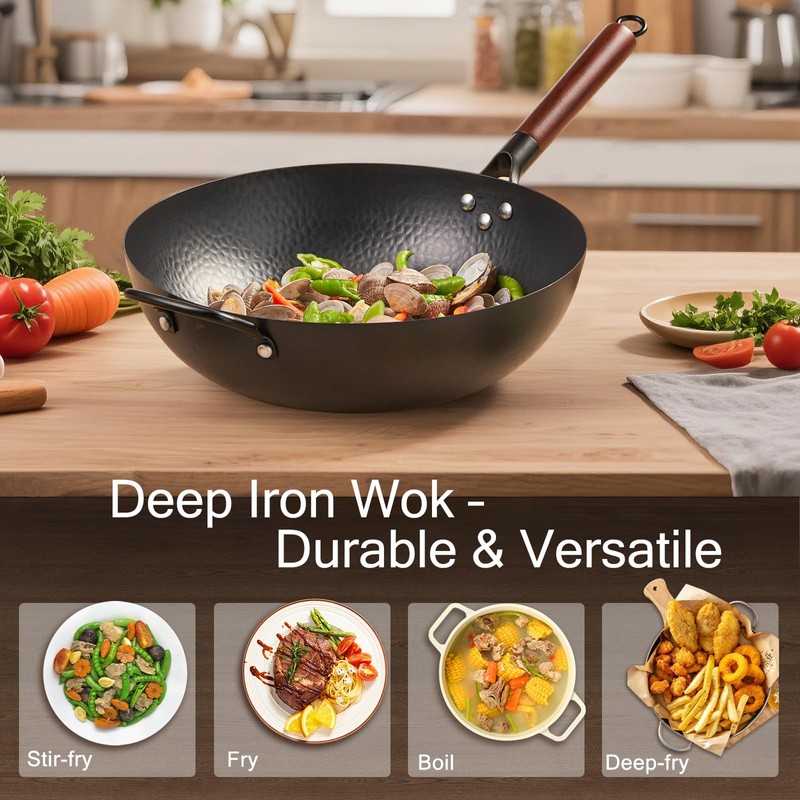 Wrought Iron Flat Bottom Wok with Glass Lid – Detachable