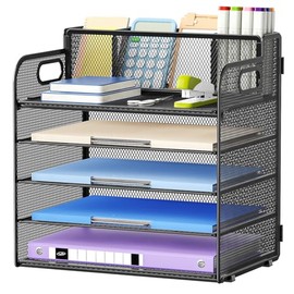 Marbrasse Organizador de papel de 5 niveles con 3 soportes para bolígrafos, organizadores de archivos de escritorio de malla con asa, organizador de e