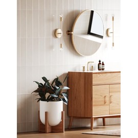 LE TAUCI 10 Inch Plant Pot with Acacia Wood Stand, Ceramic Planters for Indoor Plants, Unique Plant Pots Indoor for Home Decor, Mid-Century Modern Pots for Plants with Drainage Hole and Plug, White