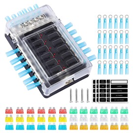 DOCAS 12 Way Fuse Holder with LED Indicator Negative Bus for Car, Boat, Van, Truck, SUV