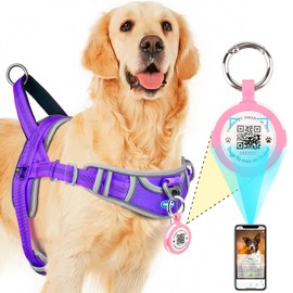ThinkPet Dog Harness for Large Dogs without Pull with QR Code, AirTags Holder, Smart ID Tags, Adjustable, Reflective and Breathable, with Front Clip Handle for Training, XL Light Pruple