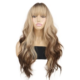 onemily Long Ombre Brown Blonde Wig with Bangs Curly Wavy Wigs for Women Synthetic Hair Replacement Blonde Wig with Dark Roots for Party Cosplay Use