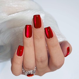 Yivaiks Red Short Square Cat Eye Press on Nails White Moonlight Fake Nails with Glue on Nails(MY-24DFX011)30 Nail Kit with Glue