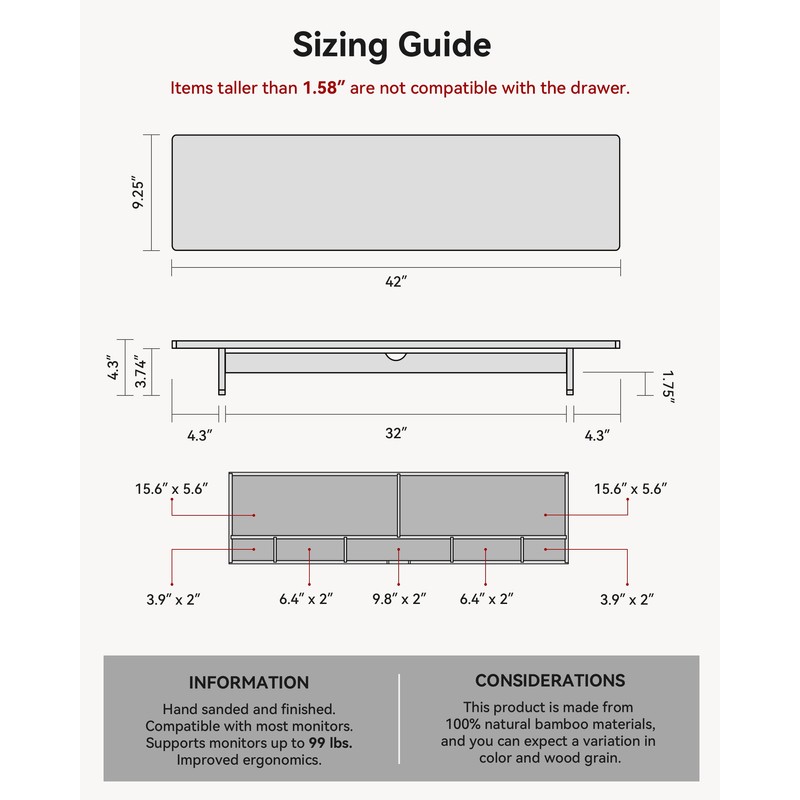 WELL WENG 42" Dual Monitor Stand Riser with Large Drawer