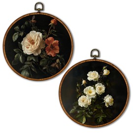 KSDUT Vintage Natural Flowers Wall Decor Art Set of 2 - Floral Botanical Wall Art Canvas Frame Hanging Prints, Mid Century Modern Round Wall Art Decor for Farmhouse Home Decorations 10"x10"